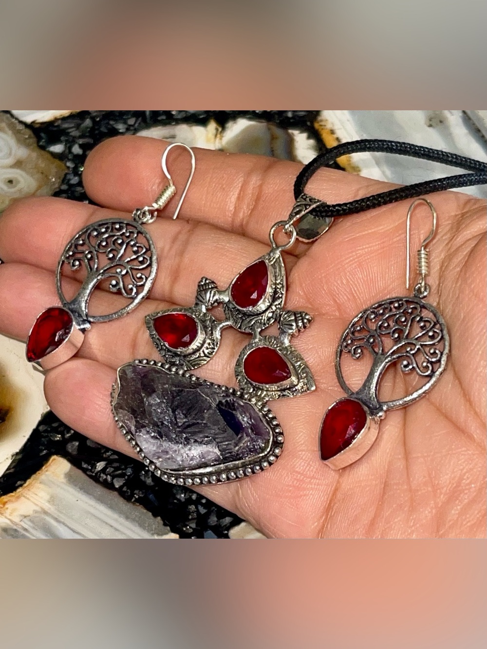 Raw Purple Amethyst Crystal Pendant & Tree of Life Earrings